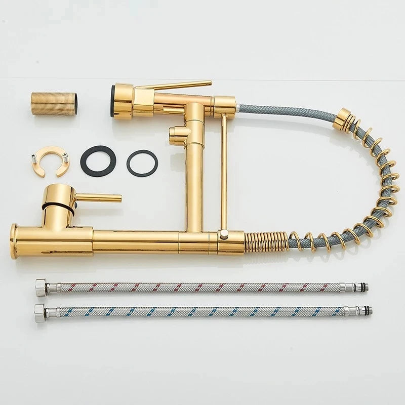 SHBSHAIMY Gold Pull Down Kitchen Faucet With Dual Swivel Spout Hot Cold Water