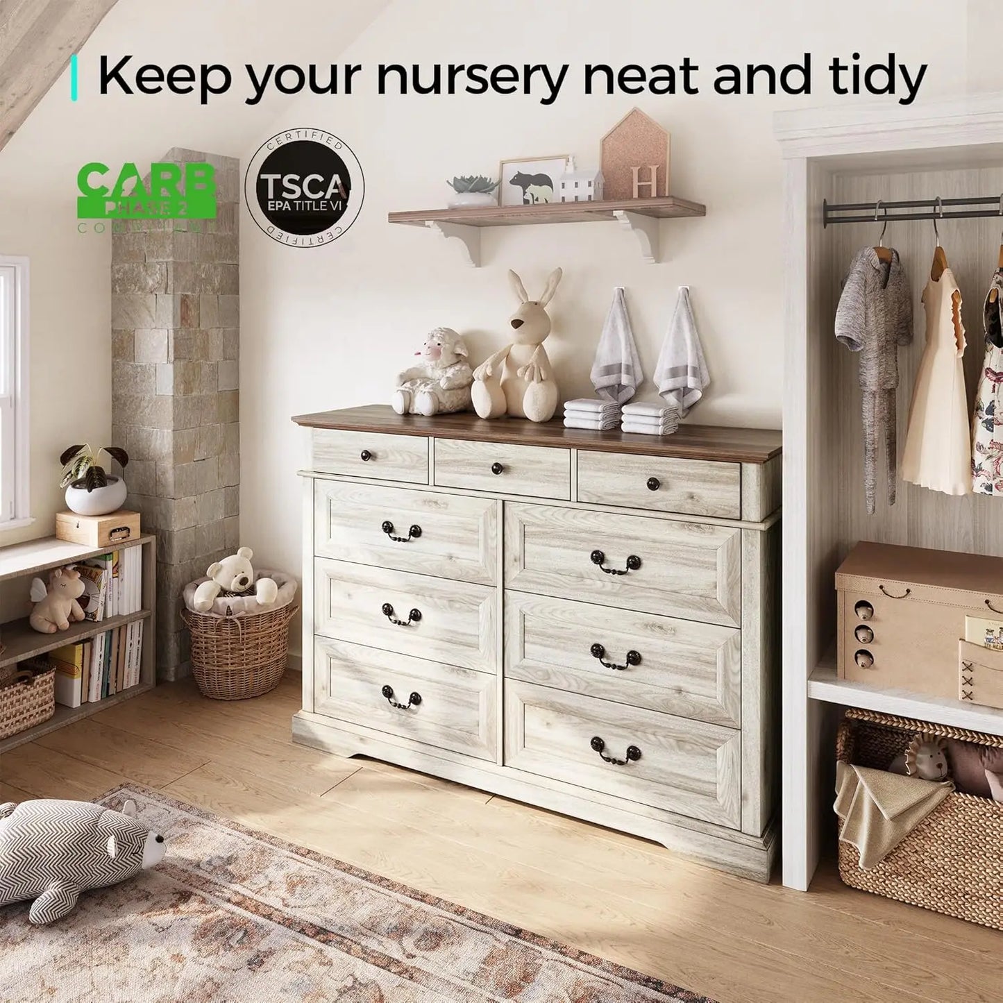 Farmhouse 9 Drawer Wood Dresser For Bedroom Storage Organizer