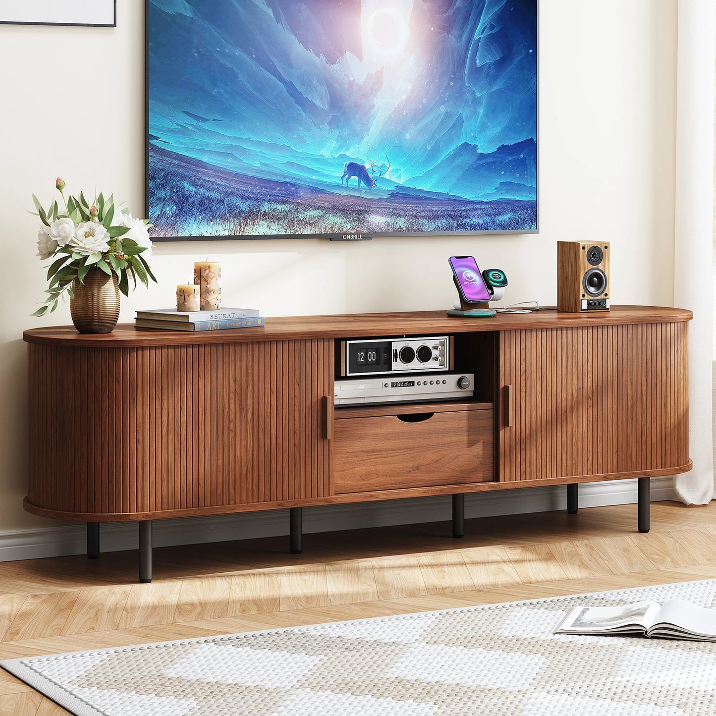 69" TV Stand w/ Power Outlet for TVs up to 80",Entertainment Center w/ Storage & Drawer,TV Console w/ Adjustable Shelves