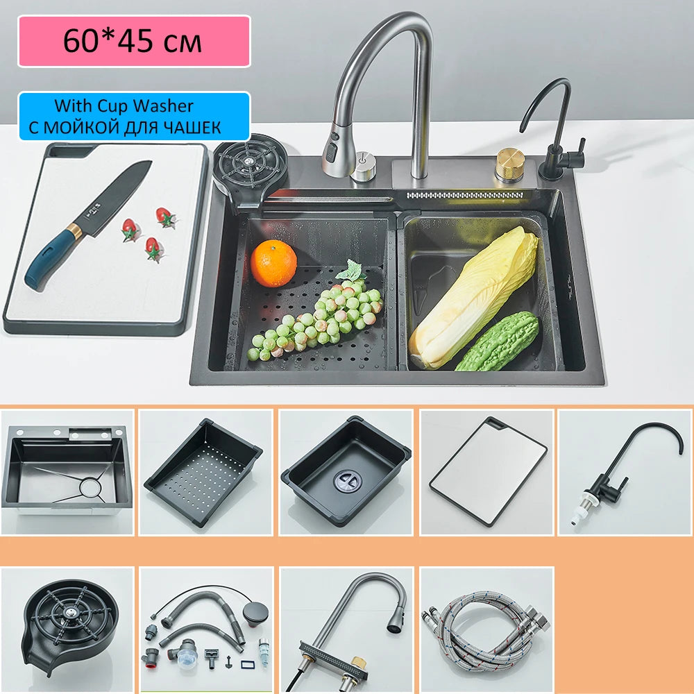 Quyanre 304 Stainless Steel Waterfall Kitchen Faucet With Soap Dispenser