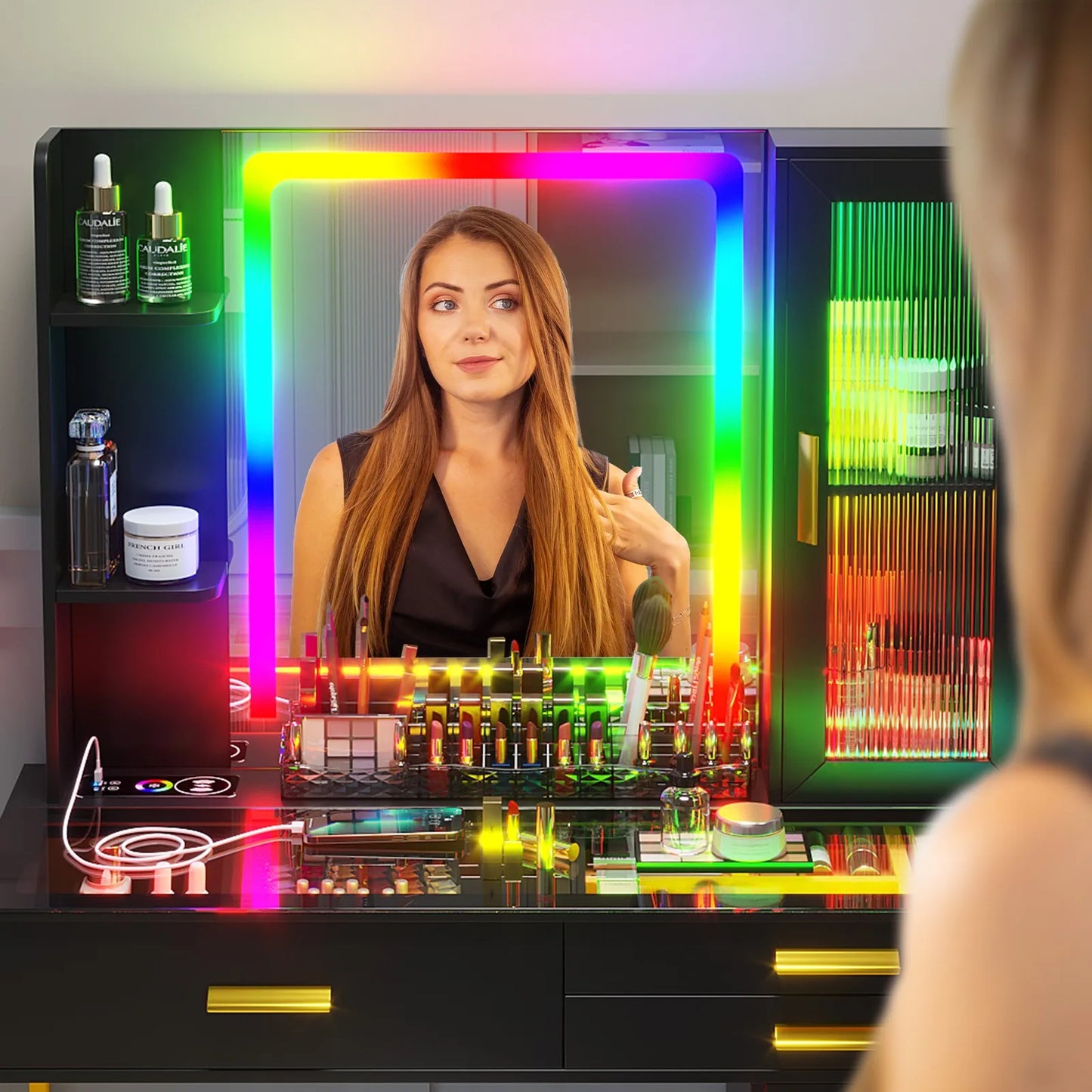 Vanity Desk With Mirror And LED Lights Charging Station