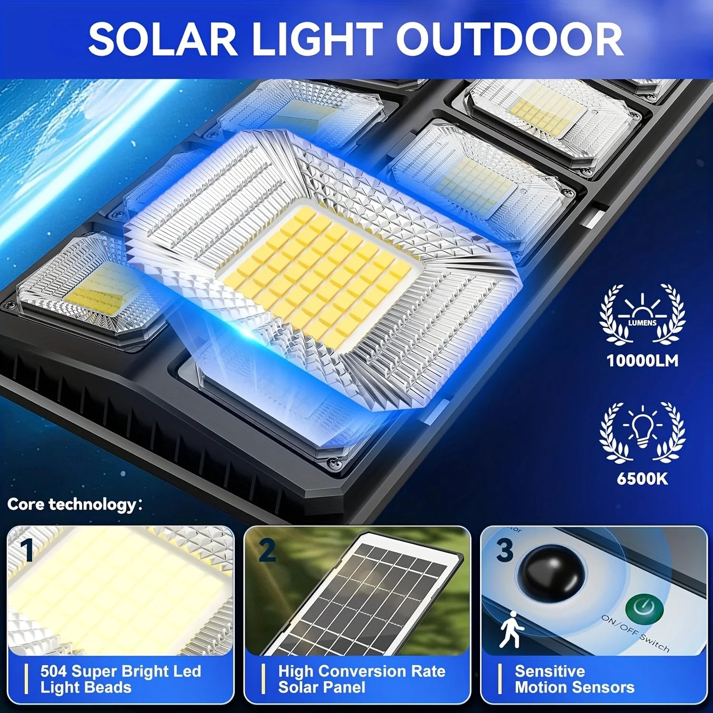 100000LM Solar Flood Light 6500K LEDs IP65 Motion Sensor Remote