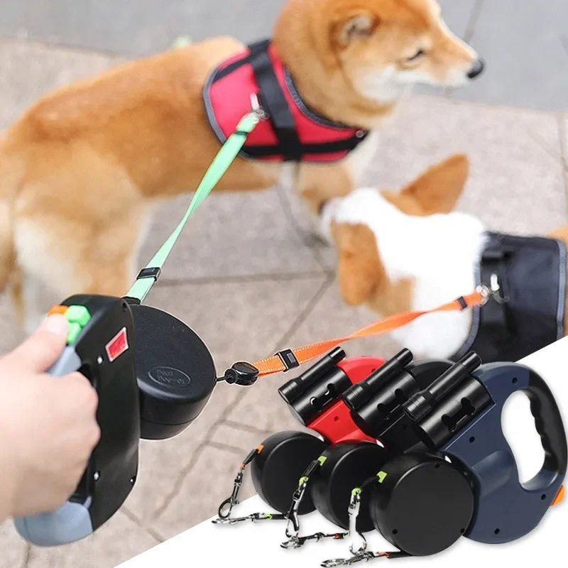 CN Guangdong 3in1 AutomaticDoubleHeadRetractable Dog Leash With Flashlight PoopBagDispenser