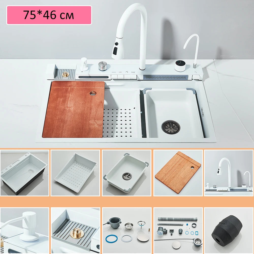 Quyanre 304 Stainless Steel Waterfall Kitchen Faucet With Soap Dispenser