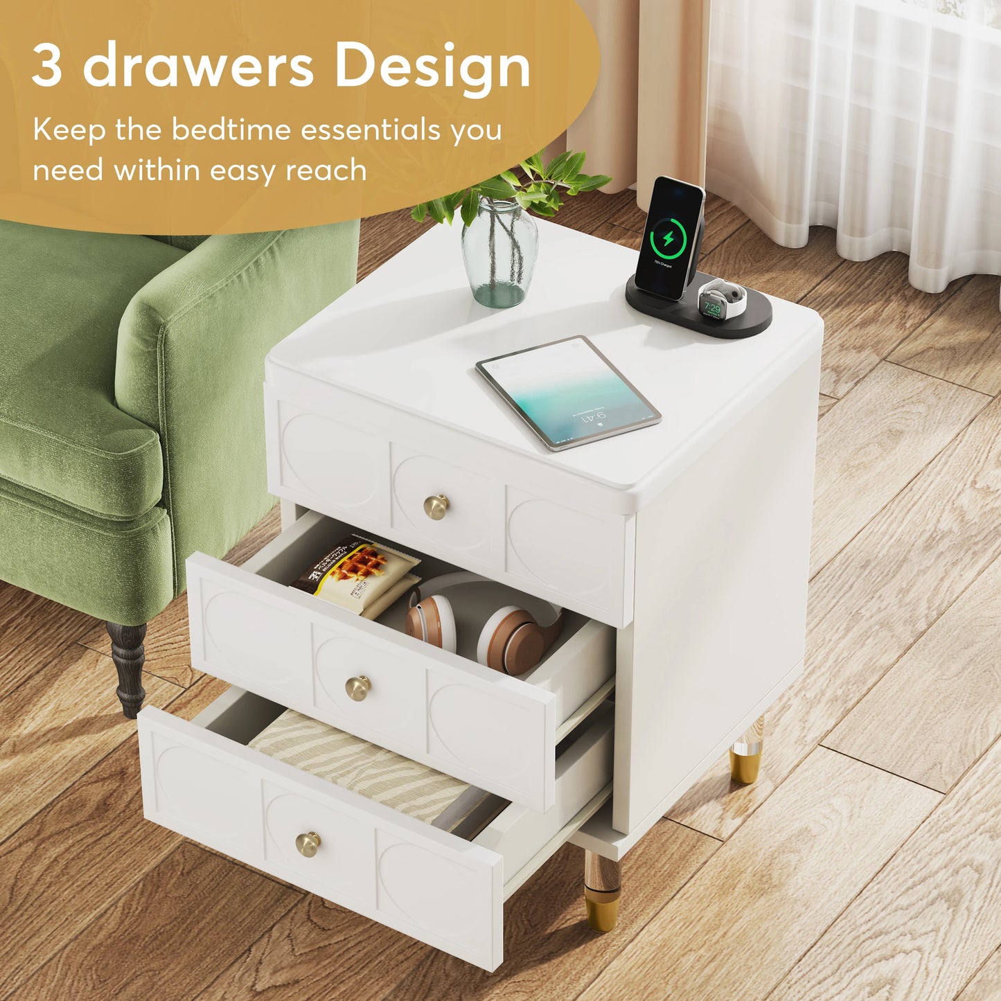 Tribesigns 3 Drawer Nightstand Modern Bedside Table with Storage