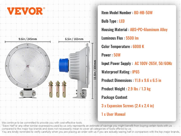 VEVOR LED Barn Light 50W 5500LM / 100W 11000LM Ultra Brightness 6000K Daylight Security Flood Lighting for Outside Yard, Street
