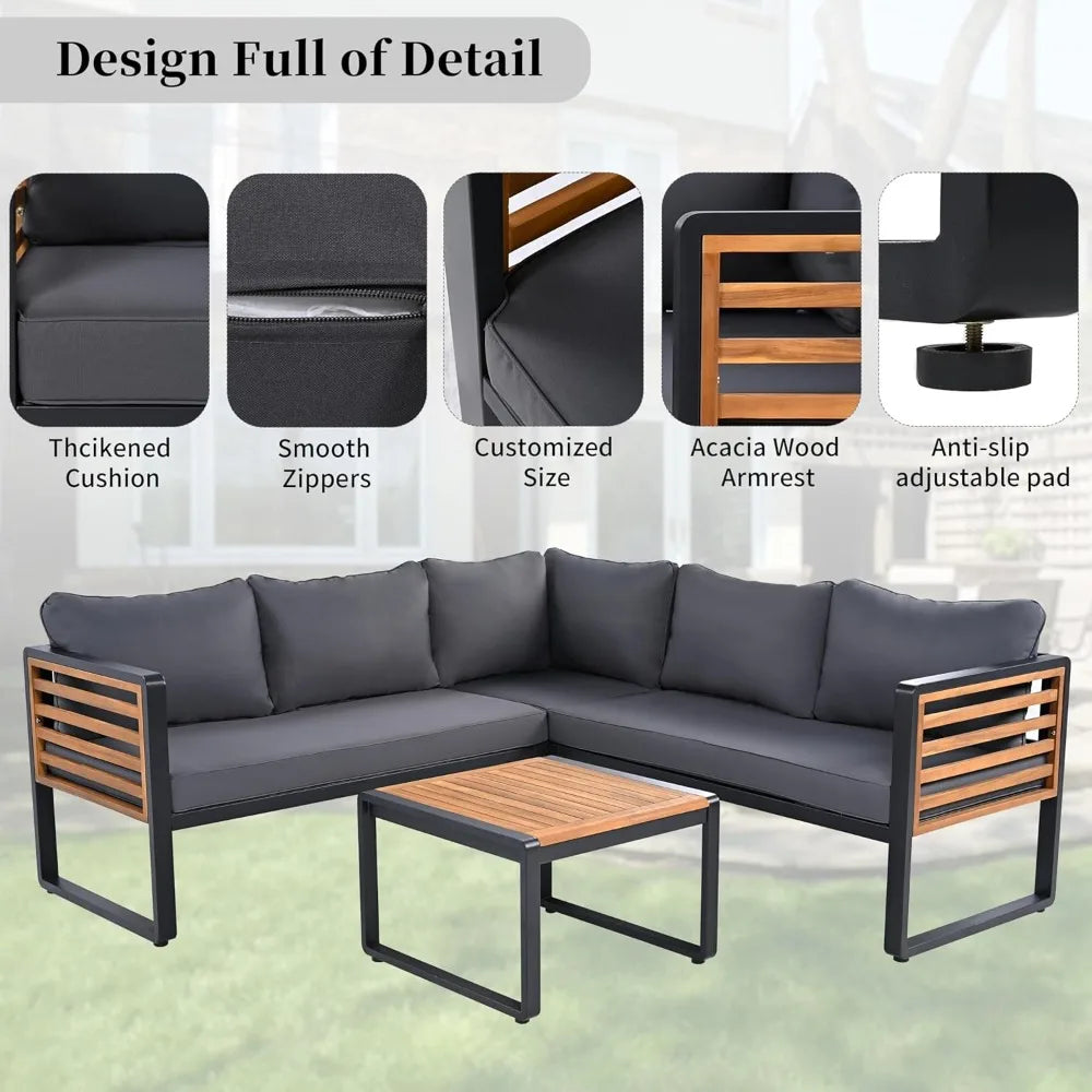 Ticify Modern L Shaped Acacia Wood Sofa Set Coffee Table