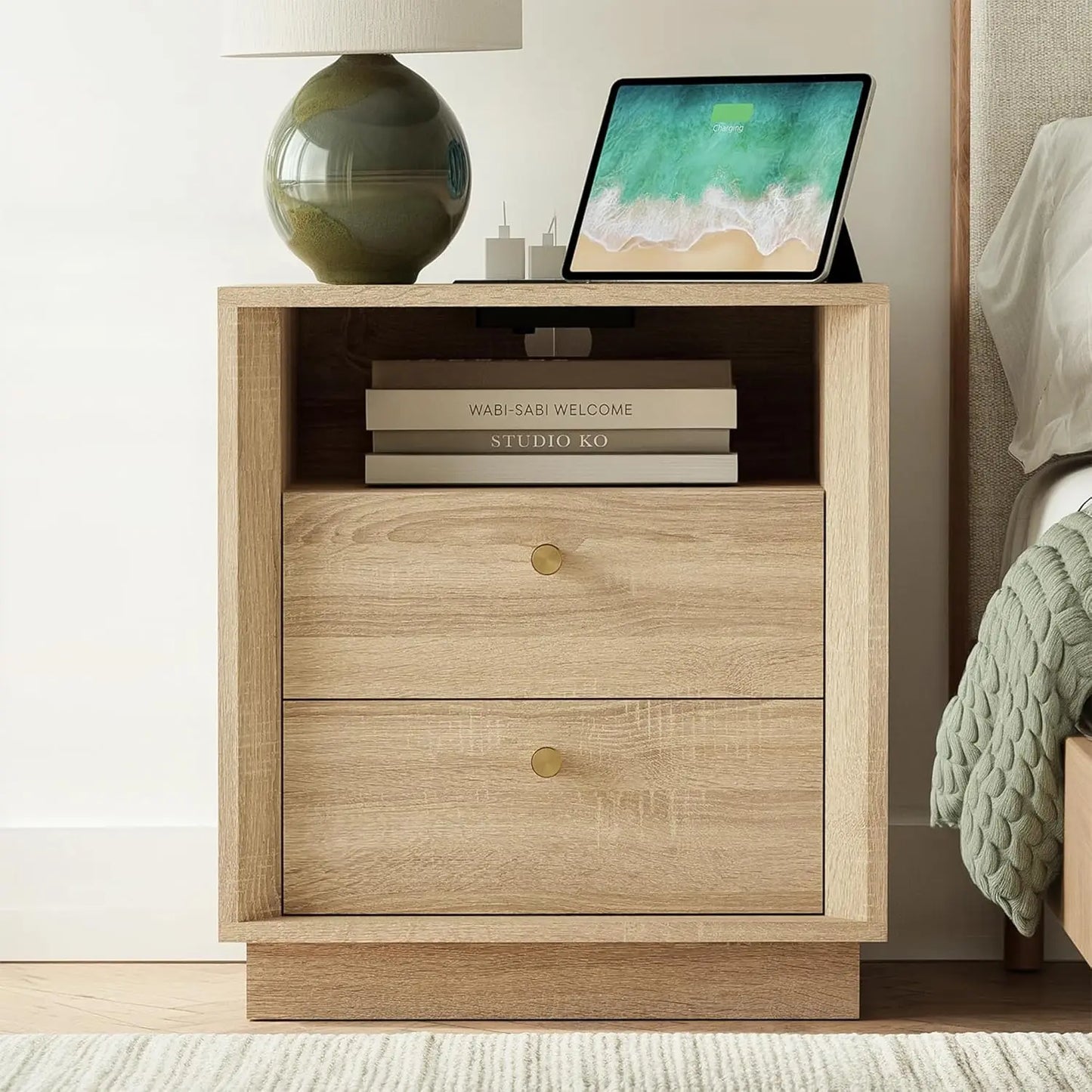 XIAOLANG Nightstand With Charging Station Modern Wood Grain End Table