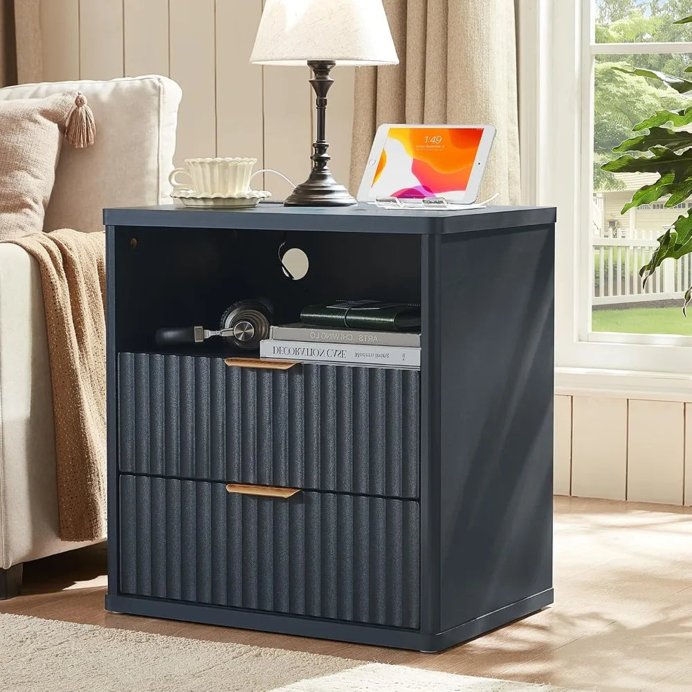 XIAOLANG Fluted Nightstand With Charging Station And Open Storage Cabinet