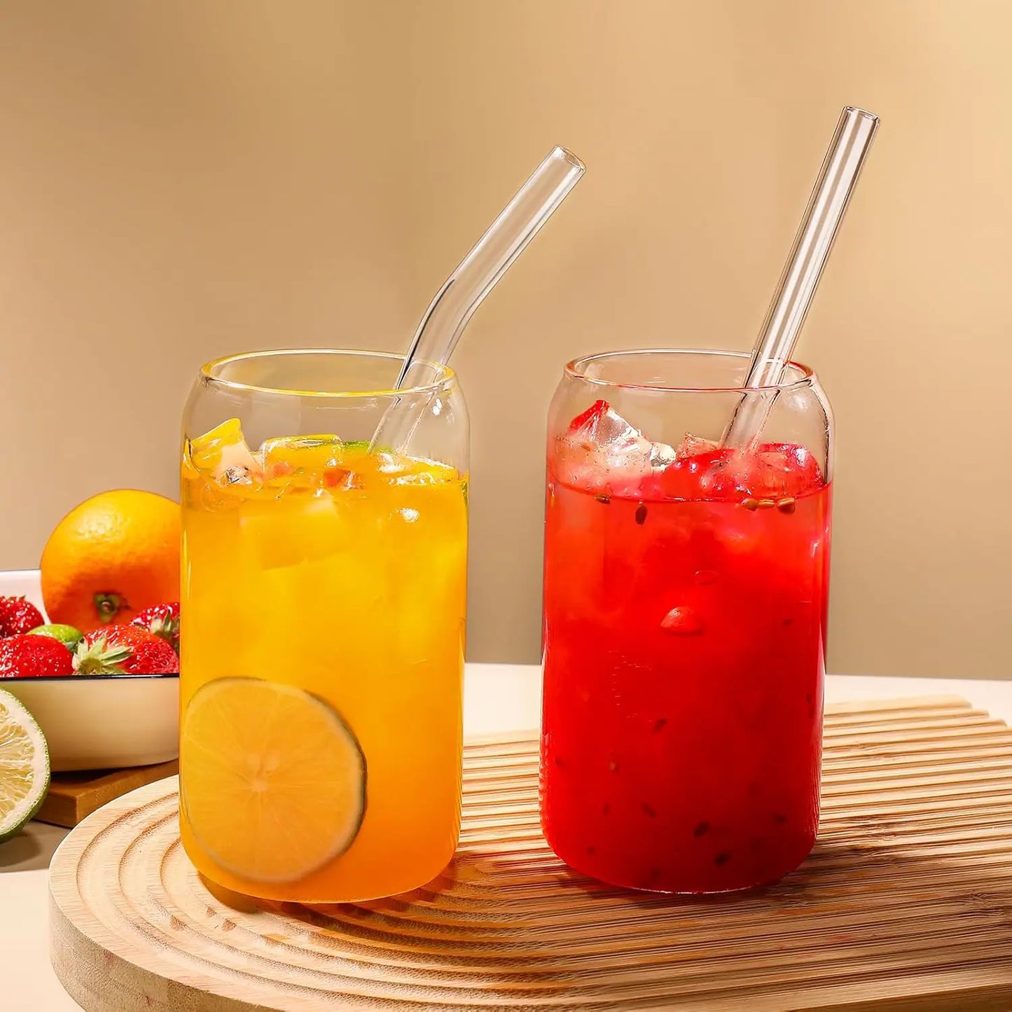 Drinking Glass Set With Bamboo Lids And Glass Straws