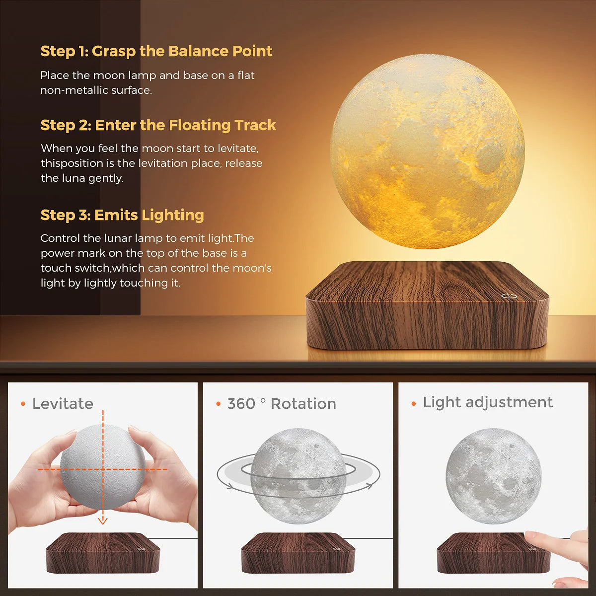 Mexllex Magnetic Floating Moon Lamp With Wooden Base LED