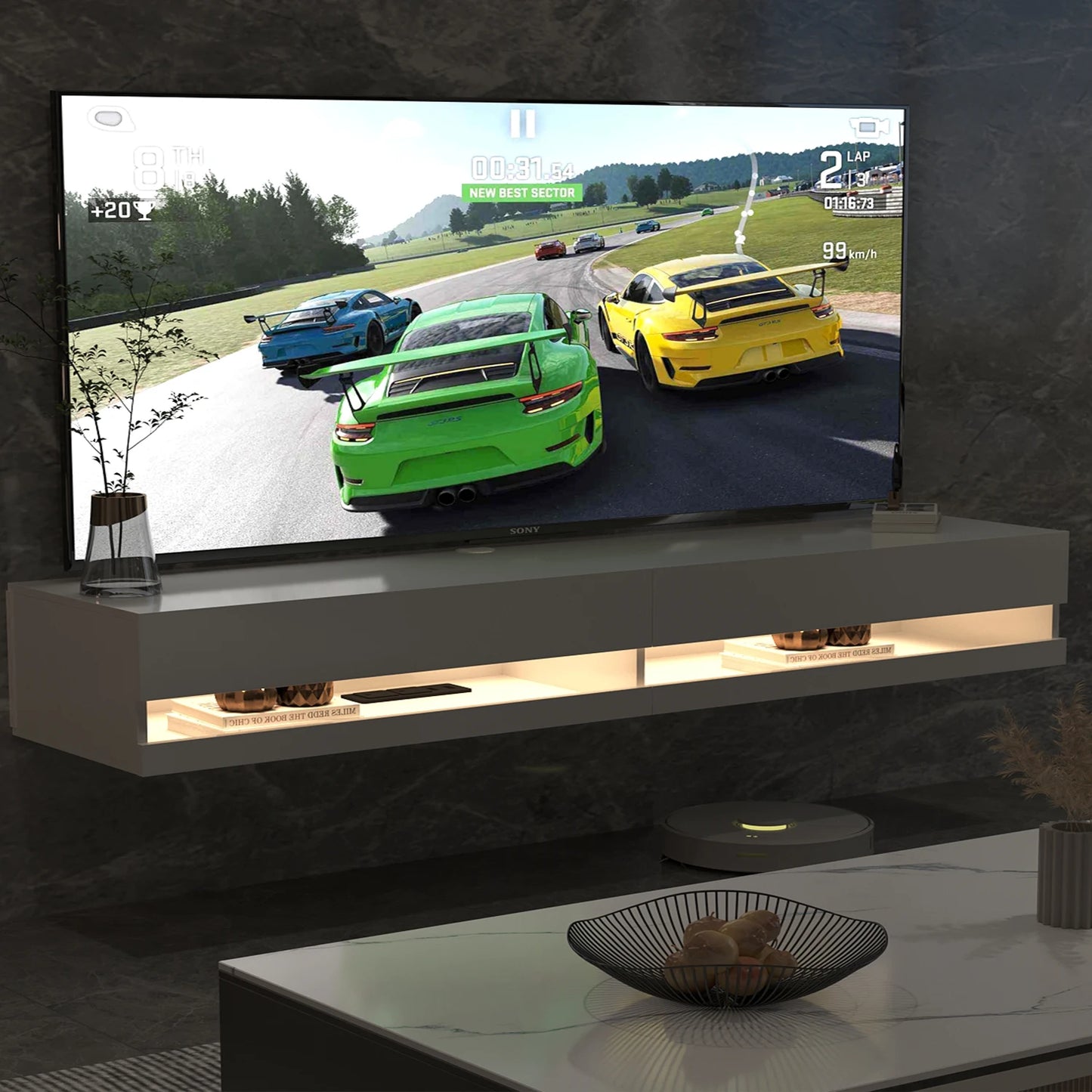 QiaoShiRen Floating TV Stand LED Wall Mount With Power Outlets