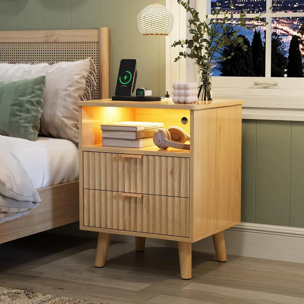 CHENGWEI Fluted Nightstand With Charging Station And Two Drawers