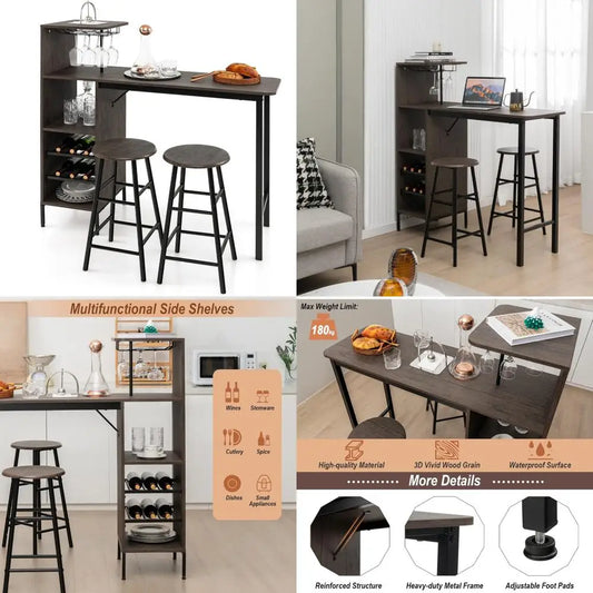 DAFIFY Industrial Pub Table and Stools Set WithExtraLongWineRacksAndGlassHolders