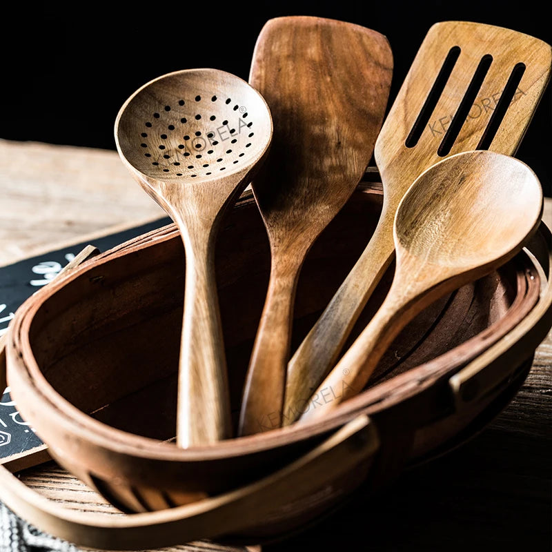 Teak Wood Kitchen Utensil Set With Holder 9 Piece Spoons