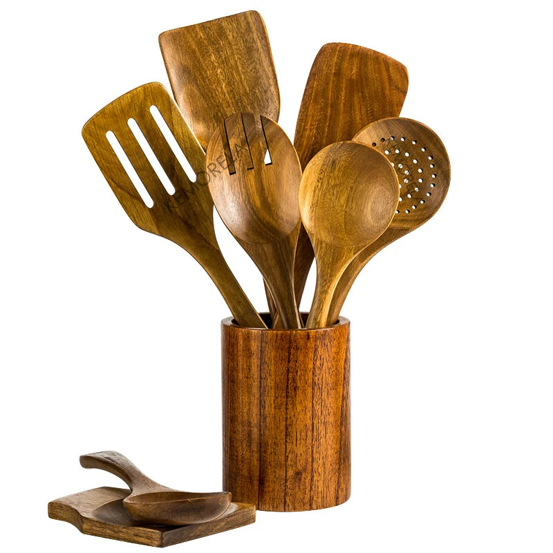 Teak Wood Kitchen Utensil Set With Holder 9 Piece Spoons