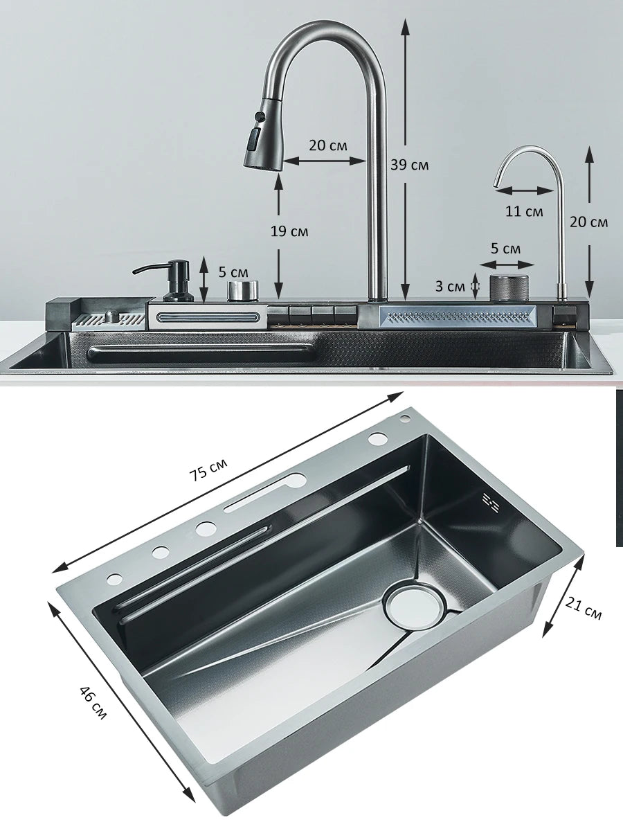 Quyanre 304 Stainless Steel Waterfall Kitchen Faucet With Soap Dispenser