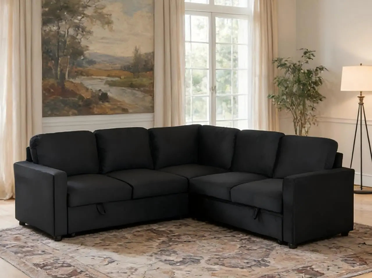 L-Shaped Sectional Sleeper Sofa with Pull-Out Bed & Storage Chaise, 5-Seat Convertible Couch for Apartment Living Room in Black