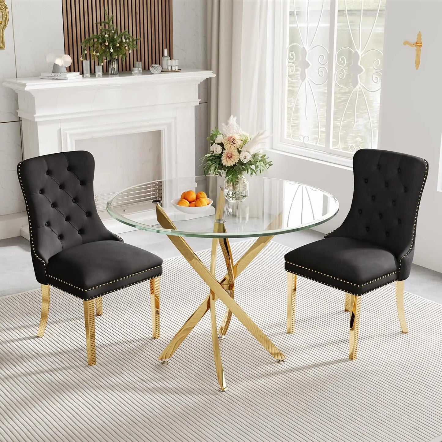 ANGDUO Modern Square Glass Dining Table Set With Velvet Chairs