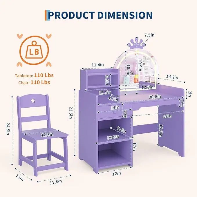 HiMISS Kids Vanity With Lights 2 In 1 Princess Desk
