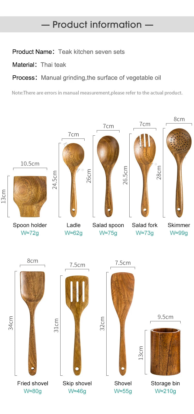 Teak Wood Kitchen Utensil Set With Holder 9 Piece Spoons