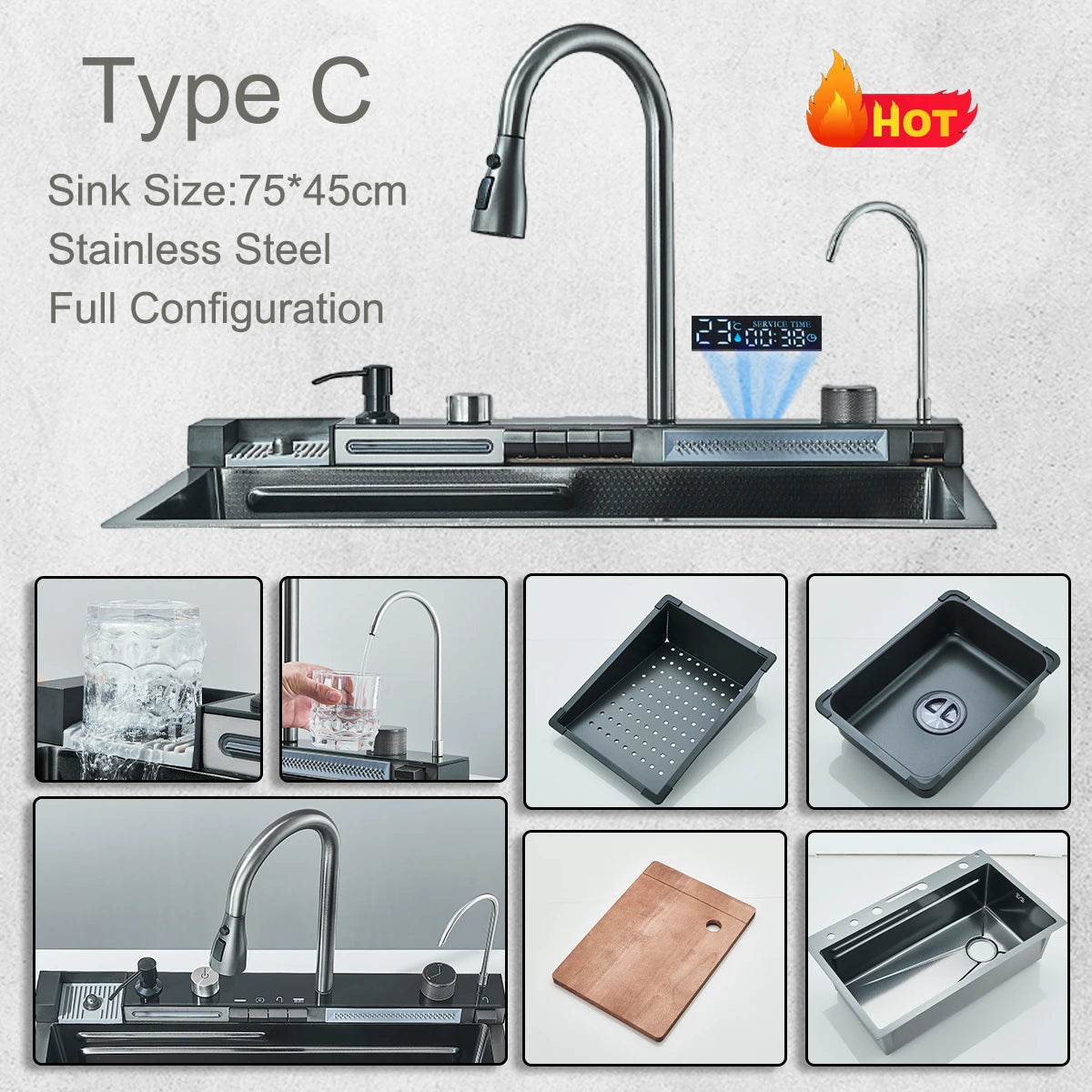 Stainless Steel Kitchen Sink With Double Waterfall Faucet And Digital Display