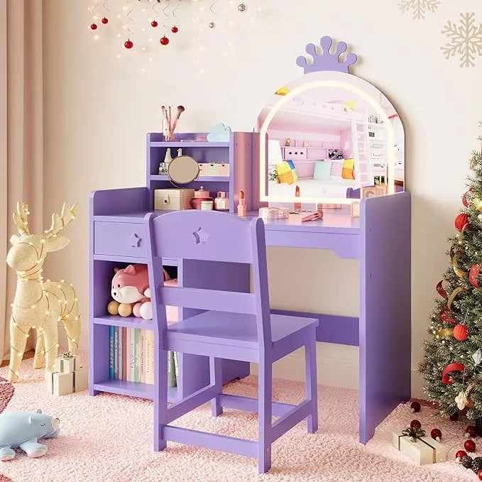 HiMISS Kids Vanity With Lights 2 In 1 Princess Desk