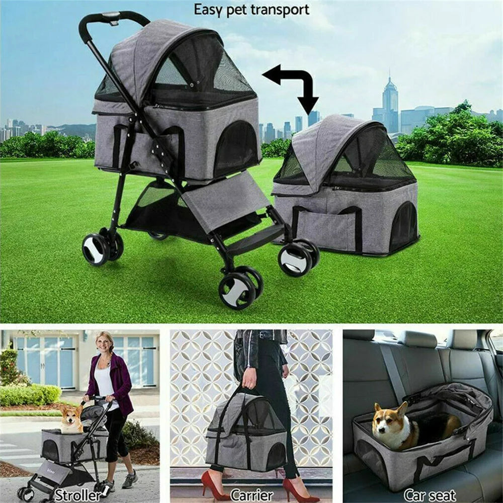 Foldable Pet Stroller Travel Carrier For Dogs Cats Rain Cover