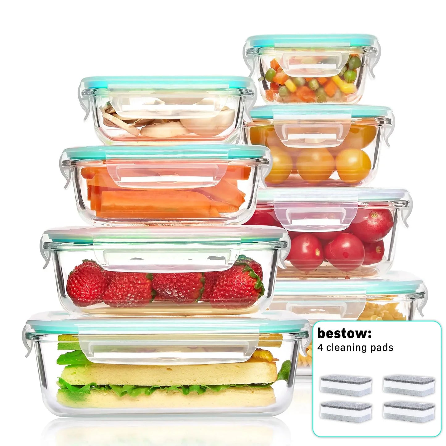 Eight Pack Airtight Borosilicate Glass Food Storage Containers