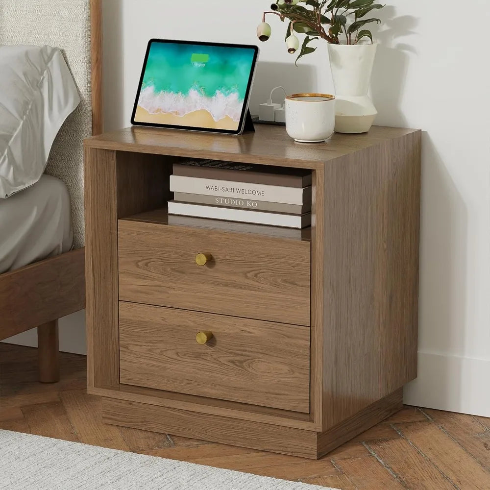 XIAOLANG Nightstand With Charging Station Modern Wood Grain End Table