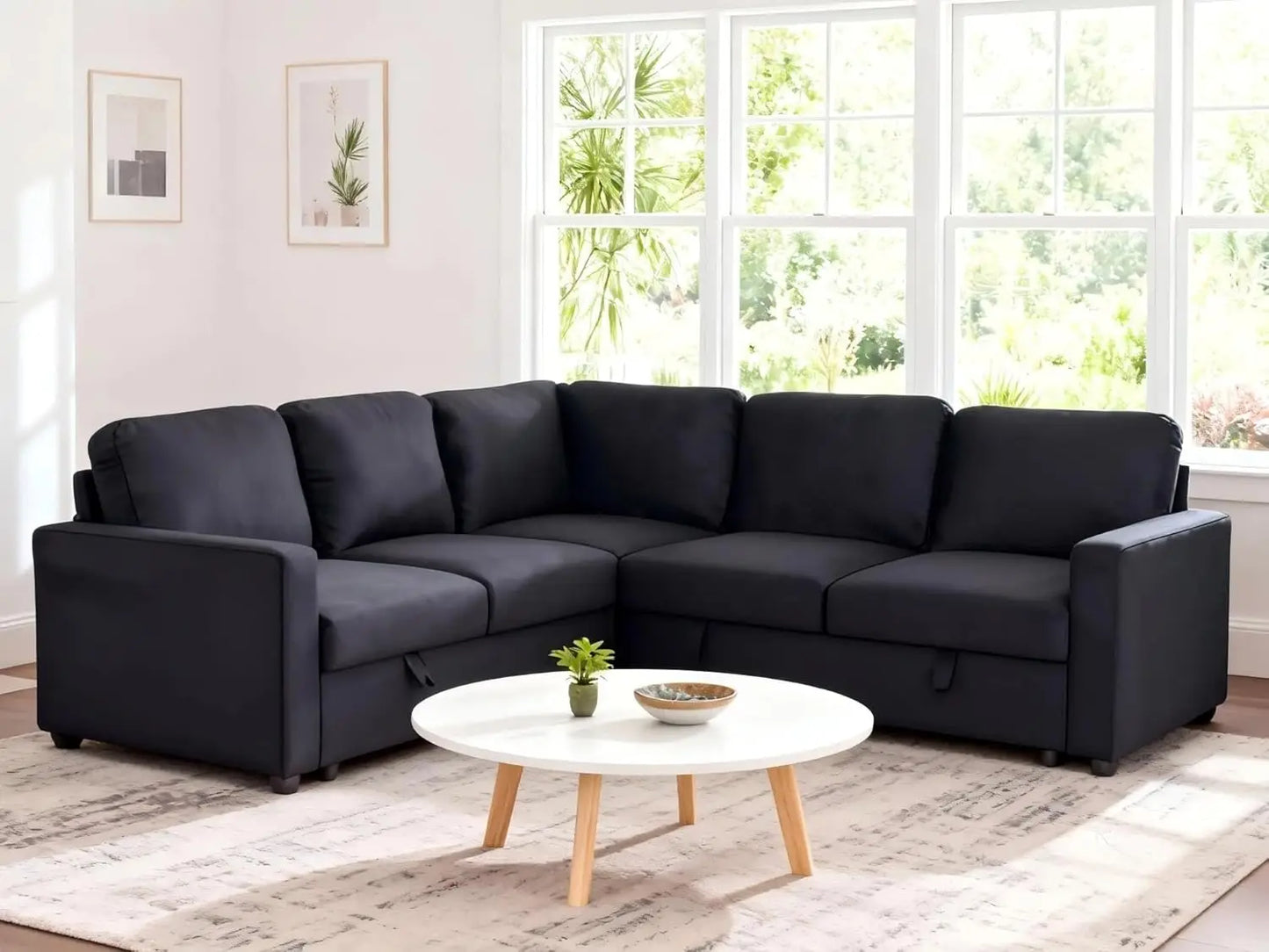 L-Shaped Sectional Sleeper Sofa with Pull-Out Bed & Storage Chaise, 5-Seat Convertible Couch for Apartment Living Room in Black