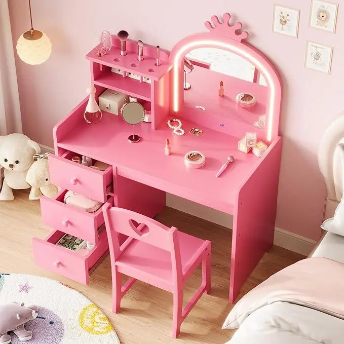 HiMISS Kids Vanity With Lights 2 In 1 Princess Desk