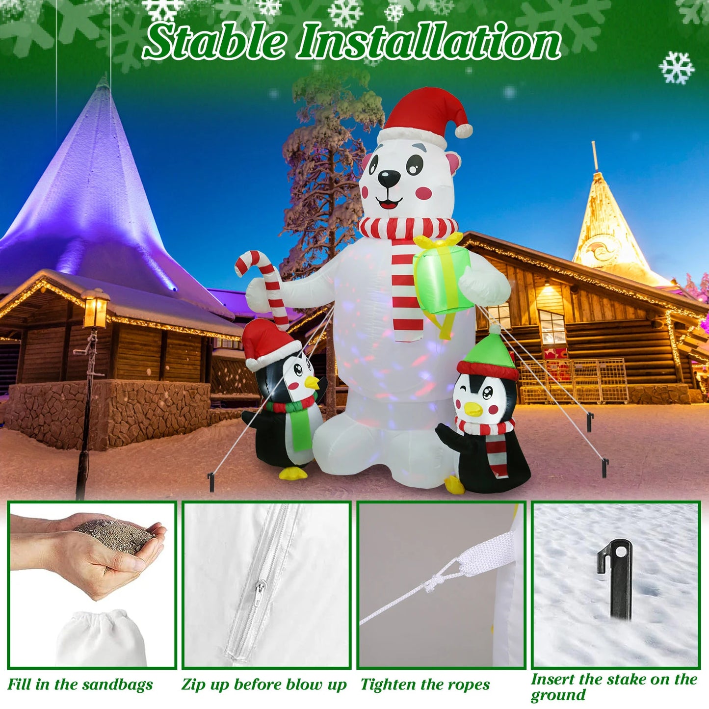 5.9FT Christmas Inflatable Outdoor Decoration Polar Bear Gift Box Penguin Blow Up Yard Decoration with LED Light Built-in Air