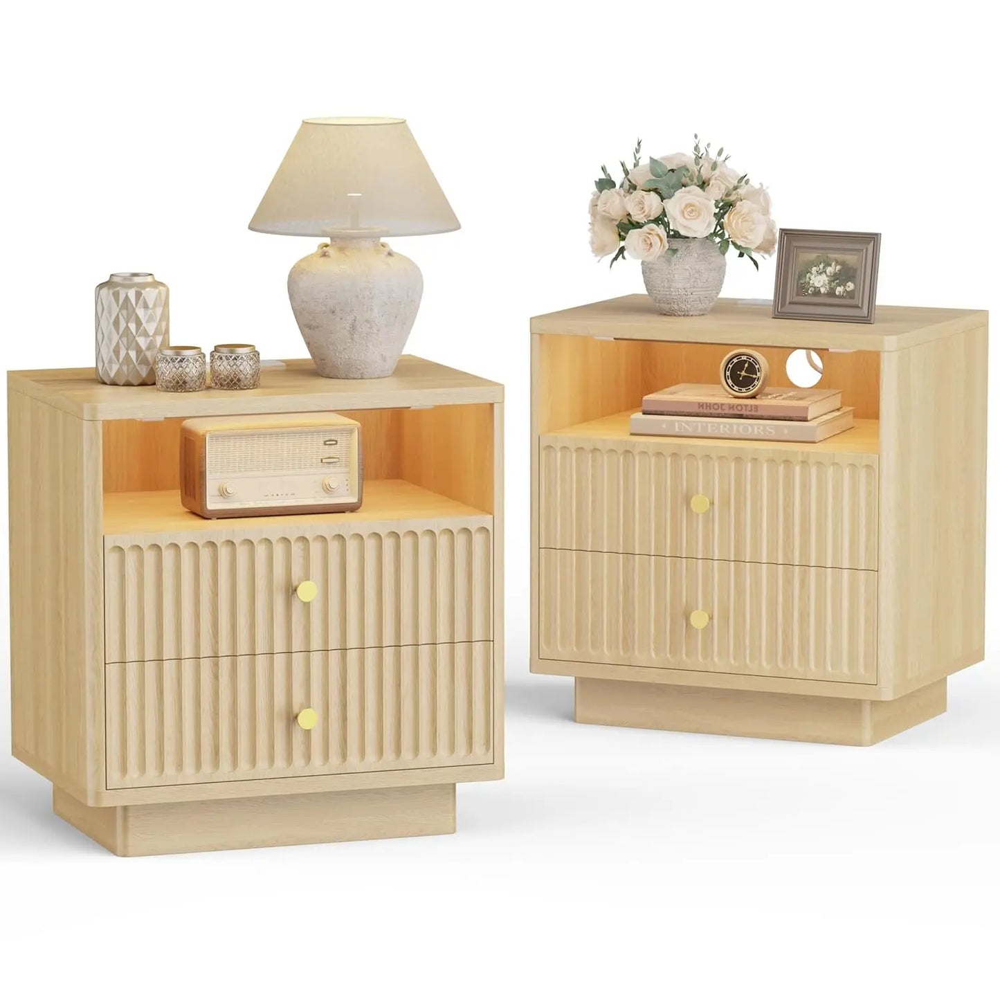 XIAOLANG Nightstand Set With Charging Station And Two Drawers