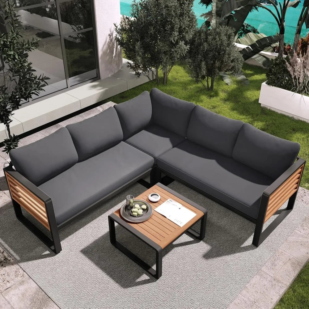 Ticify Modern L Shaped Acacia Wood Sofa Set Coffee Table