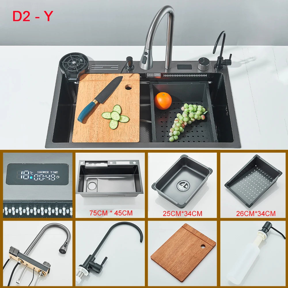 Waterfall Style 304 Stainless Steel Undermount Kitchen Sink Digital Display