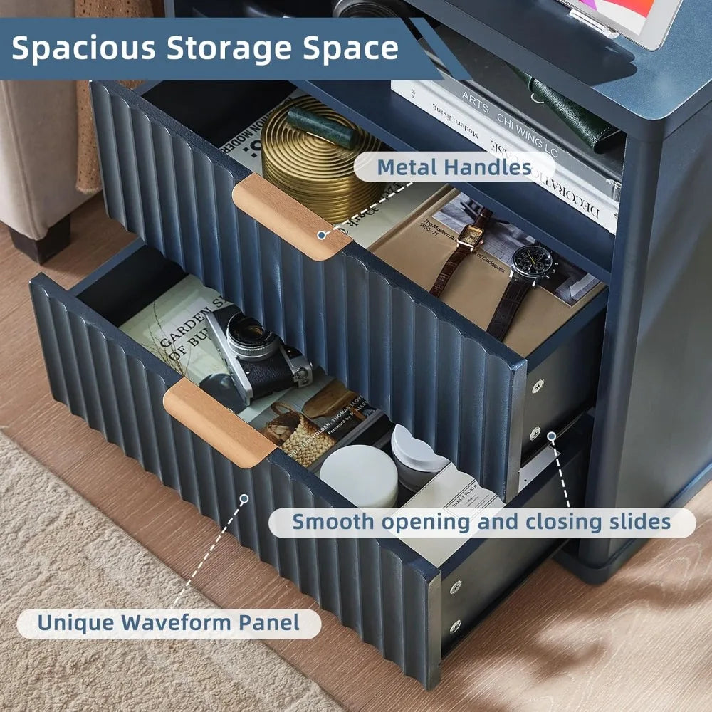 XIAOLANG Fluted Nightstand With Charging Station And Open Storage Cabinet
