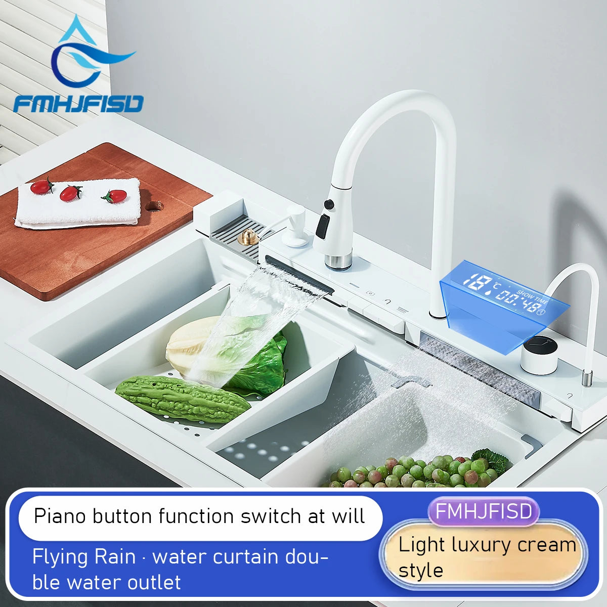 Stainless Steel Kitchen Sink With Double Waterfall Faucet And Digital Display