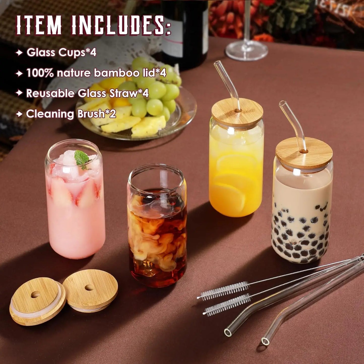 Drinking Glass Set With Bamboo Lids And Glass Straws