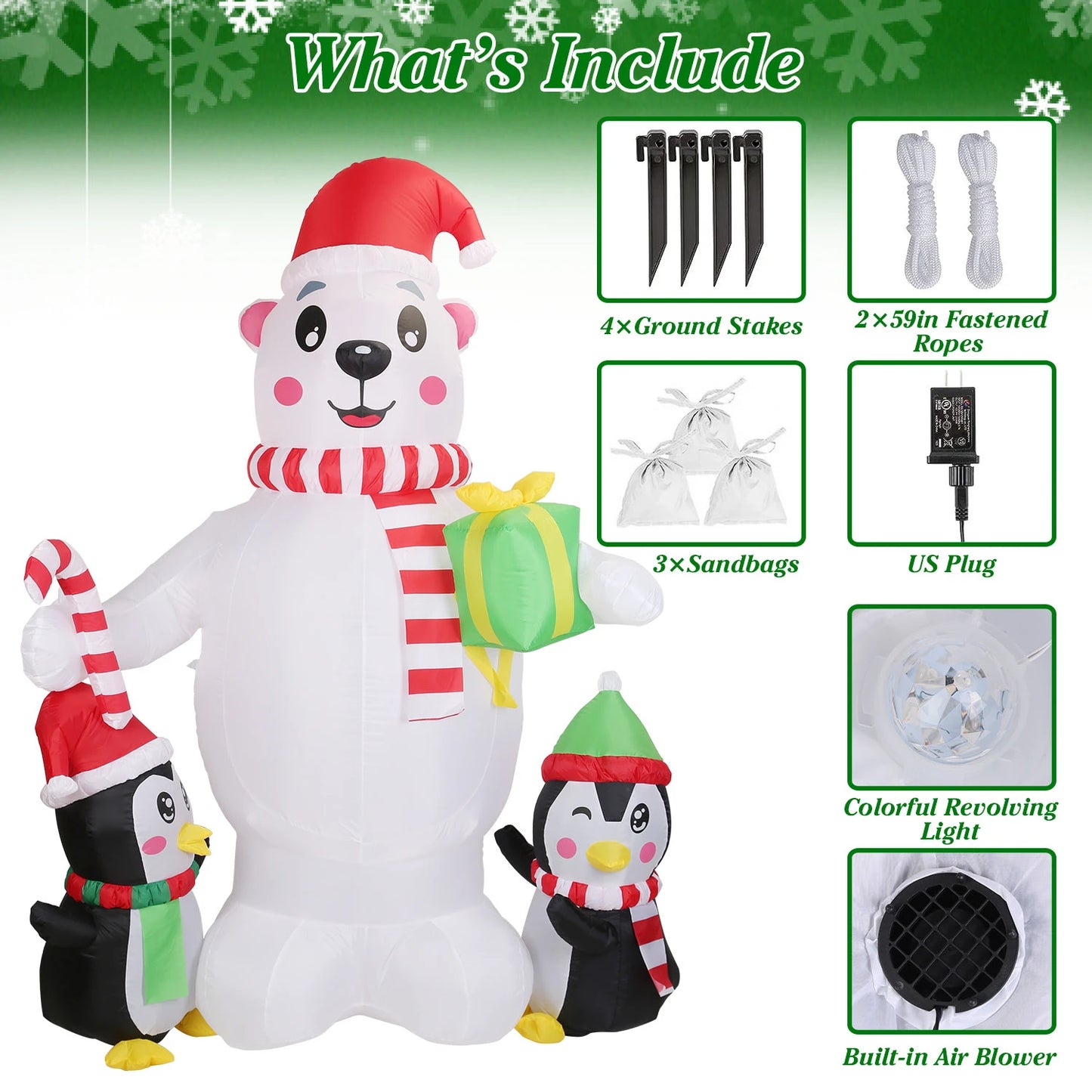 5.9FT Christmas Inflatable Outdoor Decoration Polar Bear Gift Box Penguin Blow Up Yard Decoration with LED Light Built-in Air