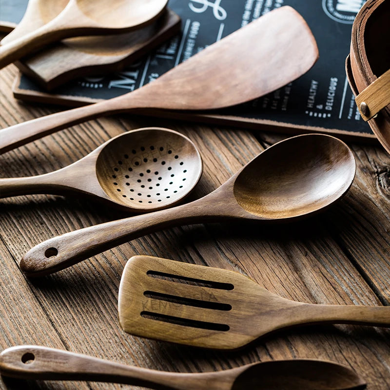 Teak Wood Kitchen Utensil Set With Holder 9 Piece Spoons