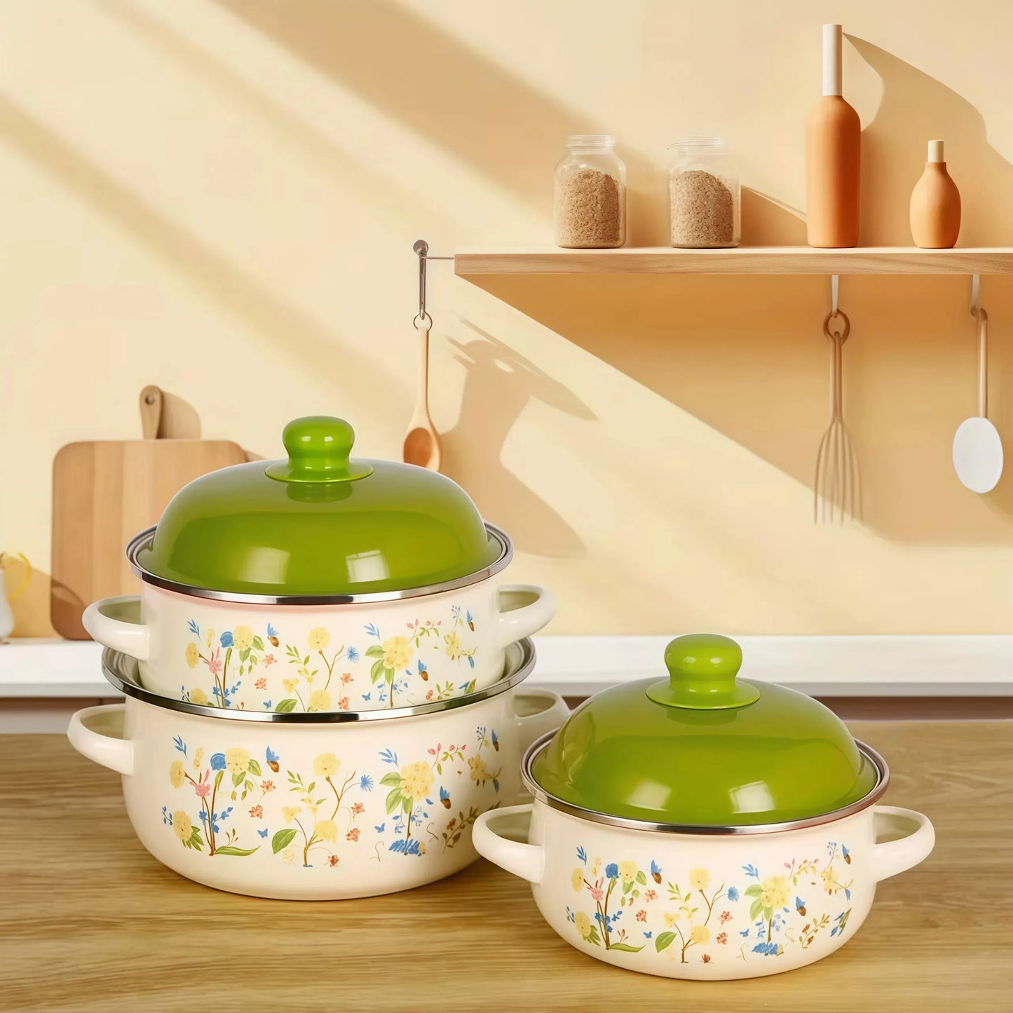 Vintage Enamel Stock Pot Set With Lids For Induction And Gas Stove