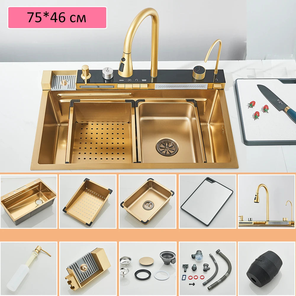 Quyanre 304 Stainless Steel Waterfall Kitchen Faucet With Soap Dispenser