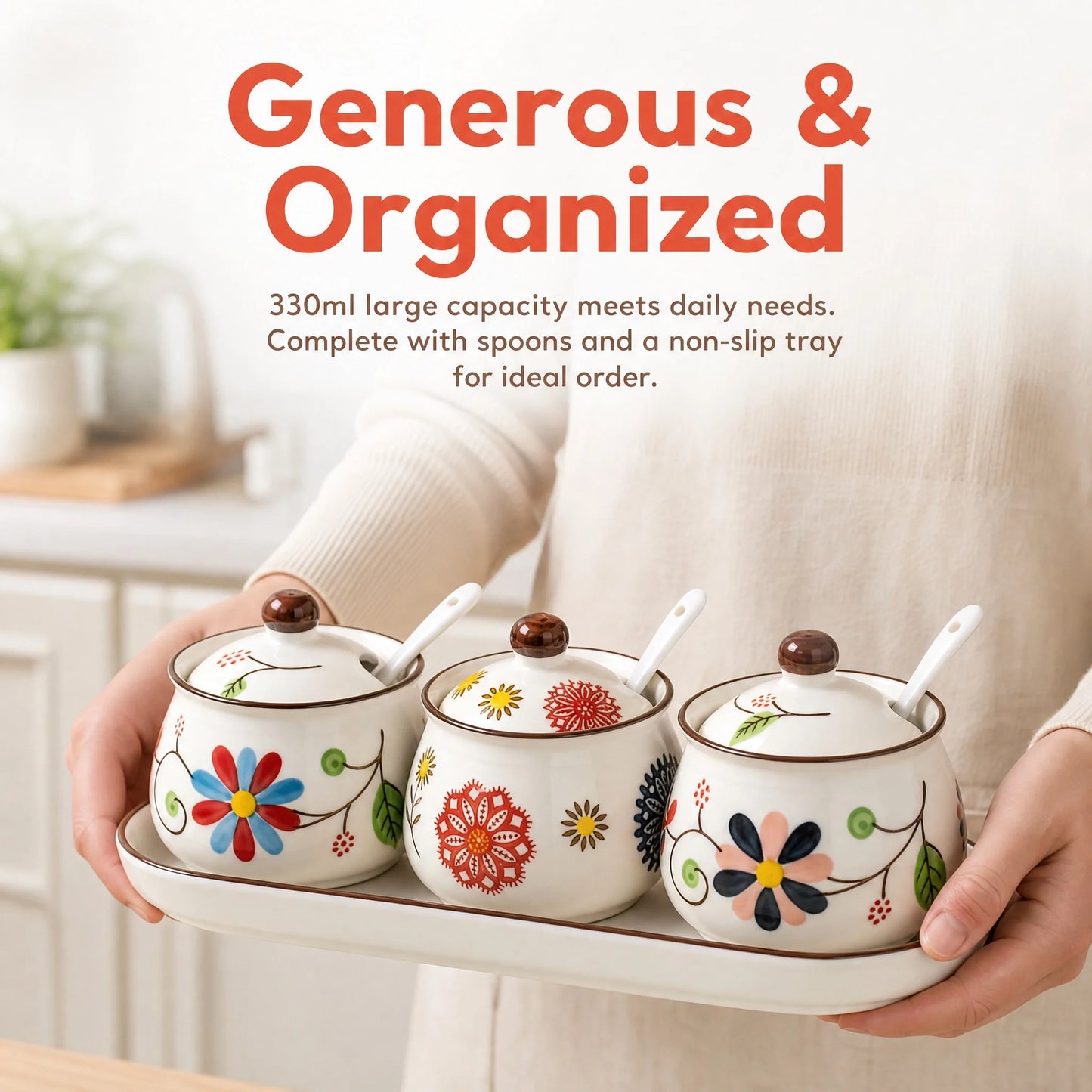 Hand Painted Japanese Vintage Ceramic Spice Jar Set With Tray And Spoons