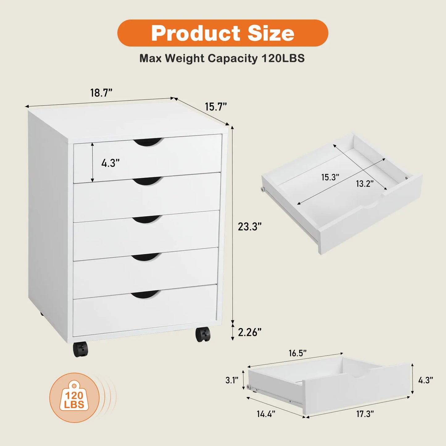 JHK 5 Drawer Nightstand Cabinet With Rollers Waterproof Surface
