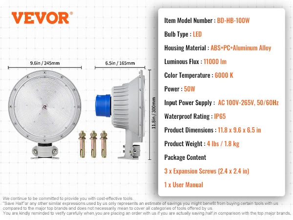 VEVOR LED Barn Light 50W 5500LM / 100W 11000LM Ultra Brightness 6000K Daylight Security Flood Lighting for Outside Yard, Street