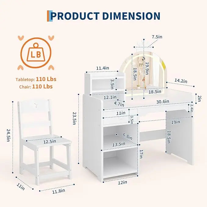 HiMISS Kids Vanity With Lights 2 In 1 Princess Desk