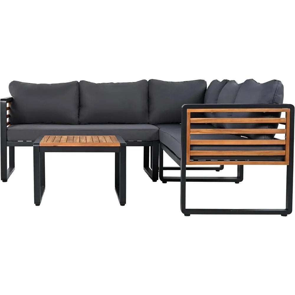 Ticify Modern L Shaped Acacia Wood Sofa Set Coffee Table