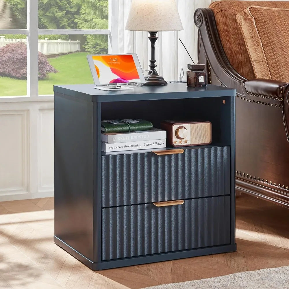 XIAOLANG Fluted Nightstand With Charging Station And Open Storage Cabinet