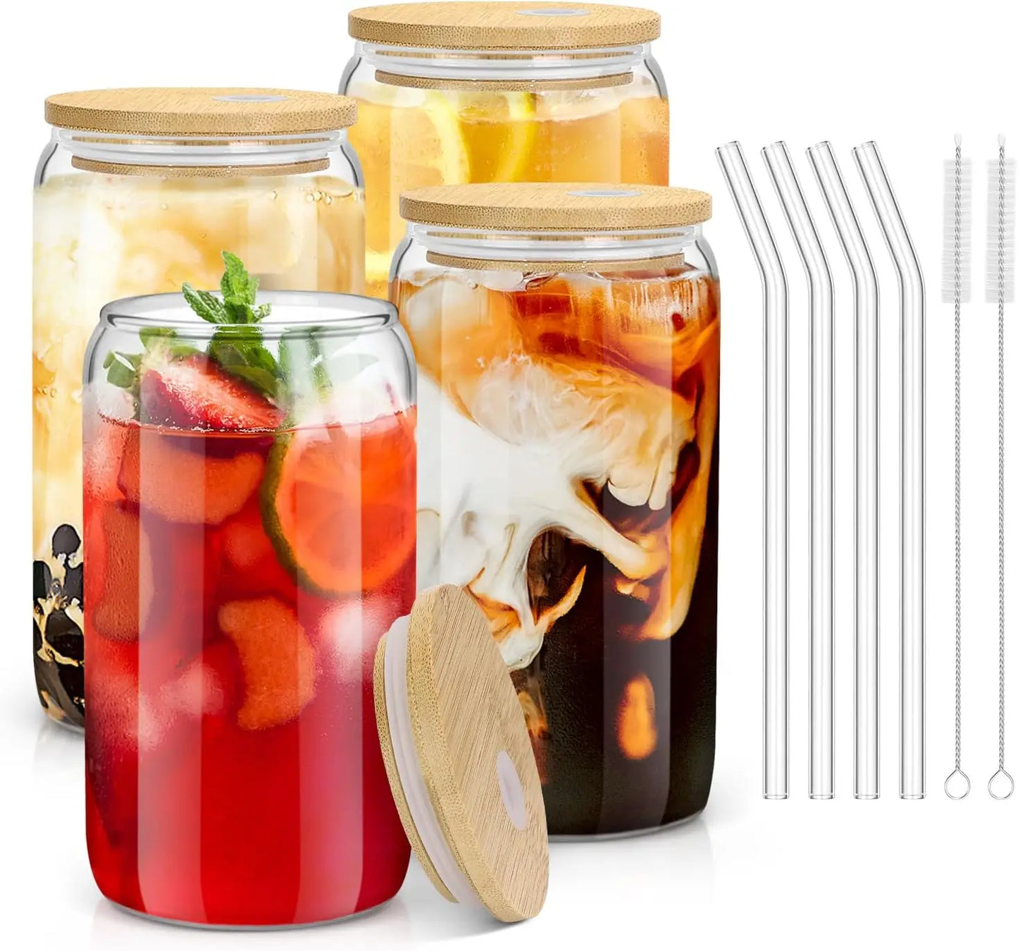 Drinking Glass Set With Bamboo Lids And Glass Straws